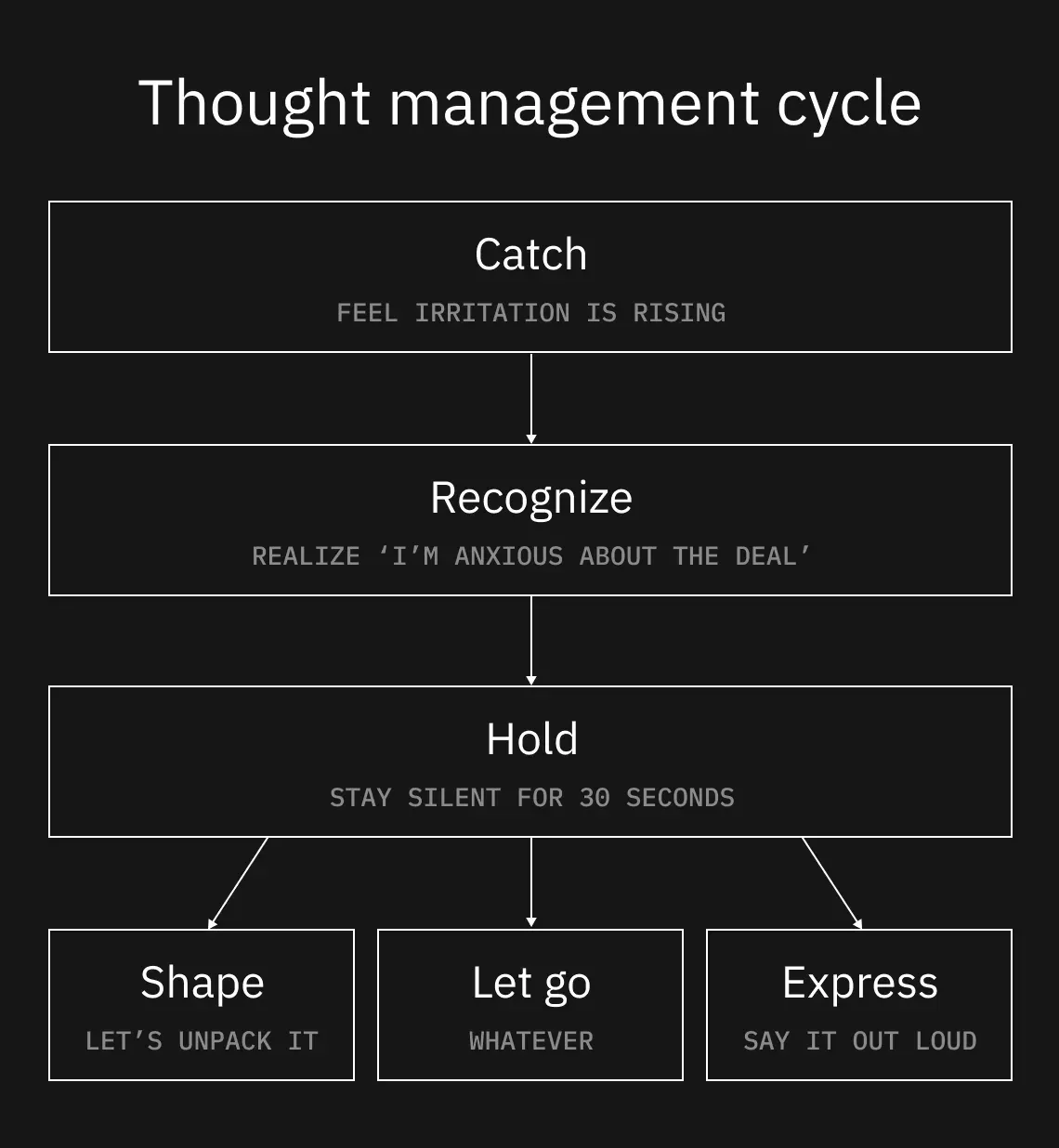 The thought management cycle: catch, recognize, hold, then express, let go, or shape
